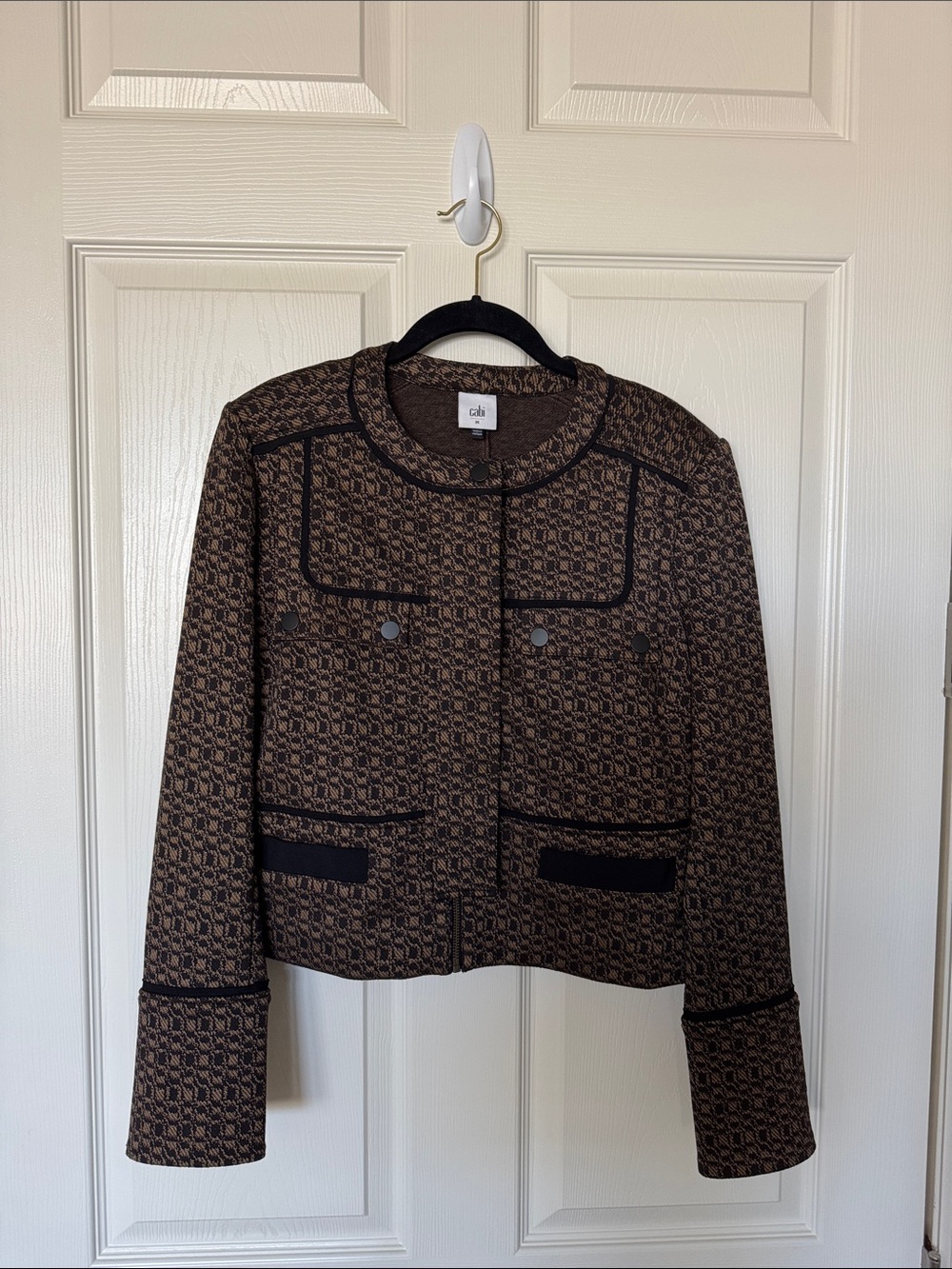 CAbi Directors Jacket. Brown Tweed Blazer with Black Trim